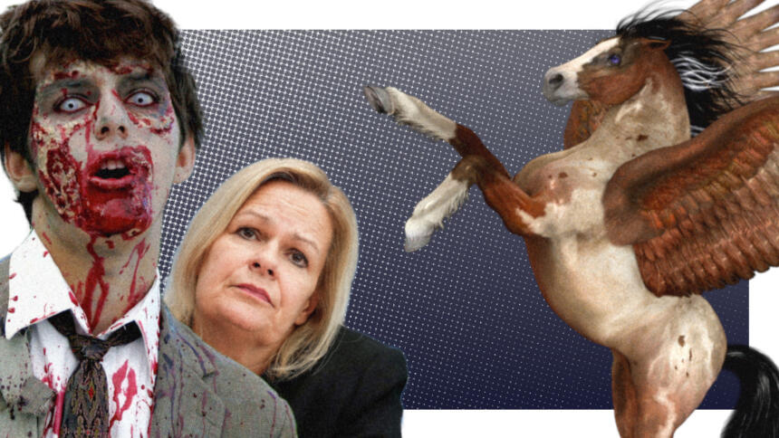 Bilder von einem schwarzhaarigen Zombie mit blauen Augen und blutigem Gesicht, Innenministerin Nancy Faeser und von einem Pferde mit Flügeln