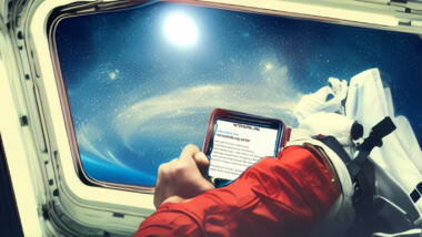 Ein Astronaut am Fenster einer Raumkapsel im Weltraum liest am Smartphone einen Artikel auf netzpolitik.org