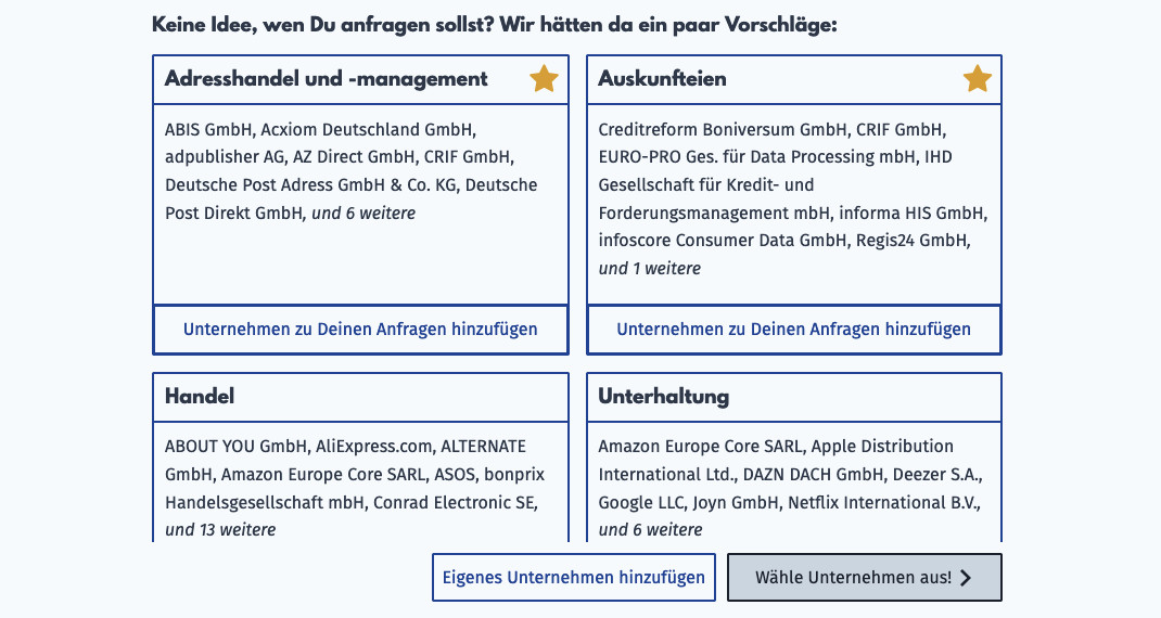 Ein Screenshot von datenanfragen.de zeigt Unternehmen, die Daten sammeln