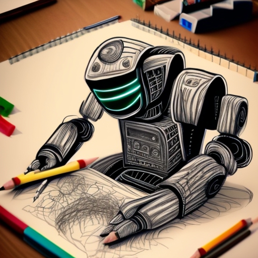 Aus einem Zeichenblock erhebt isch ein Roboter, der mit einem Bleistift auf diesen Zeichenblcok zeichnet.