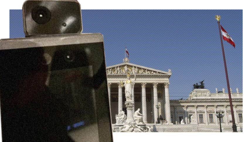 Ein iPad mit Kamera ist im Vordergrund, im Hintergrund ein Bild des österreichischen Parlaments.