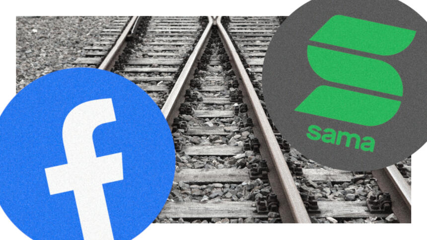 Das Logo von Sama und Facebook ist vor einer Verzweigung von Schienen zu sehen.