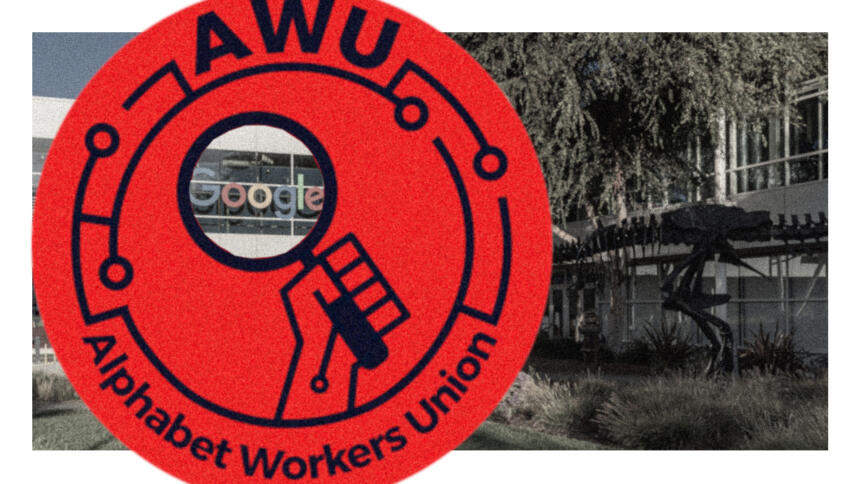 Das Logo der Alphabet Workers Union im Vordergrund, im Hintergrund ein Bild der Google-Hauptzentrale in Kalifornien.
