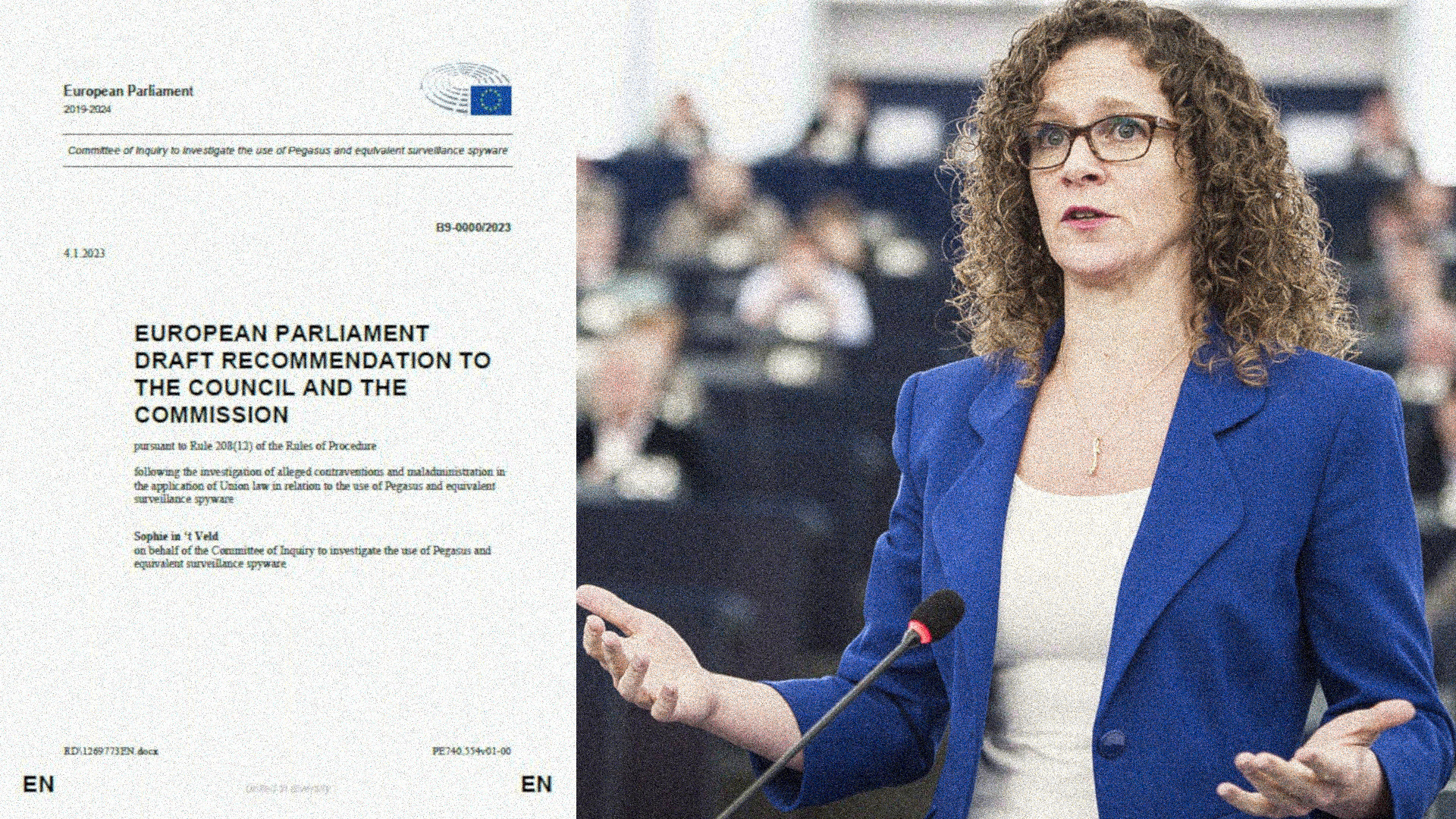 Links ein Screenshot der vorläufigen Empfehlungen, rechts ein Bild von Sophie in ’t Veld.