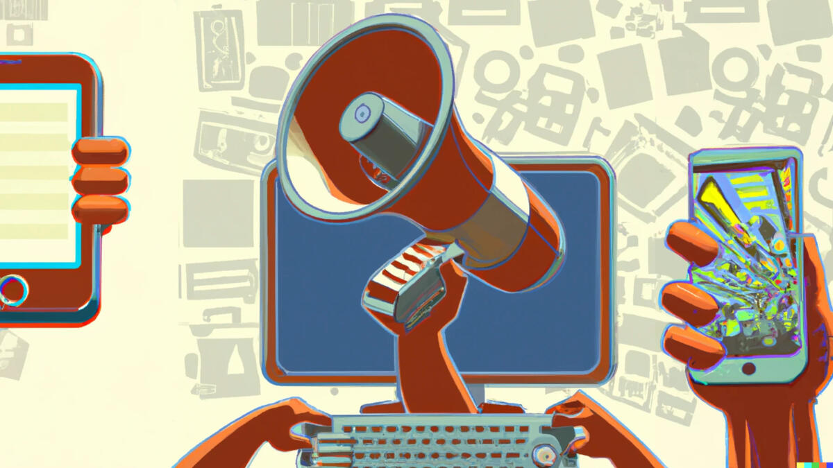 In beige und braun gehaltene Zeichnungen von Smartphones und einem Compuer mit einem Megafon