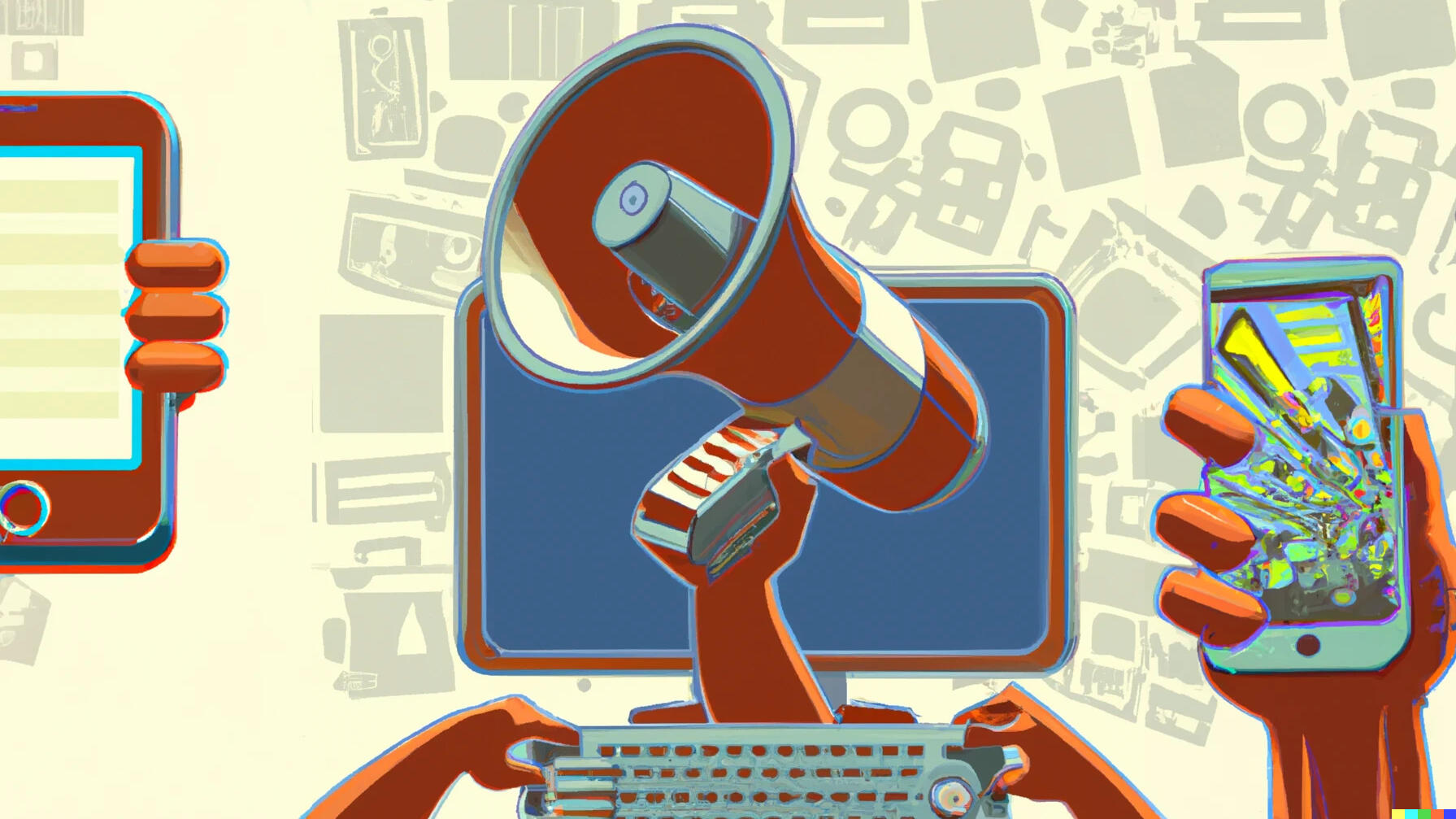 In beige und braun gehaltene Zeichnungen von Smartphones und einem Compuer mit einem Megafon