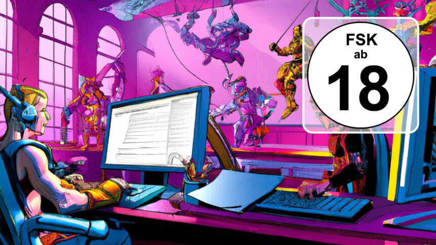 Eine Comic-Zeichnung in rosa- und lila-Tönen, die einen jungen Menschen verkleidet als Superheld:in am Computer zeigt, im Hintergrund hängen Superhelden-Figuren von der Decke