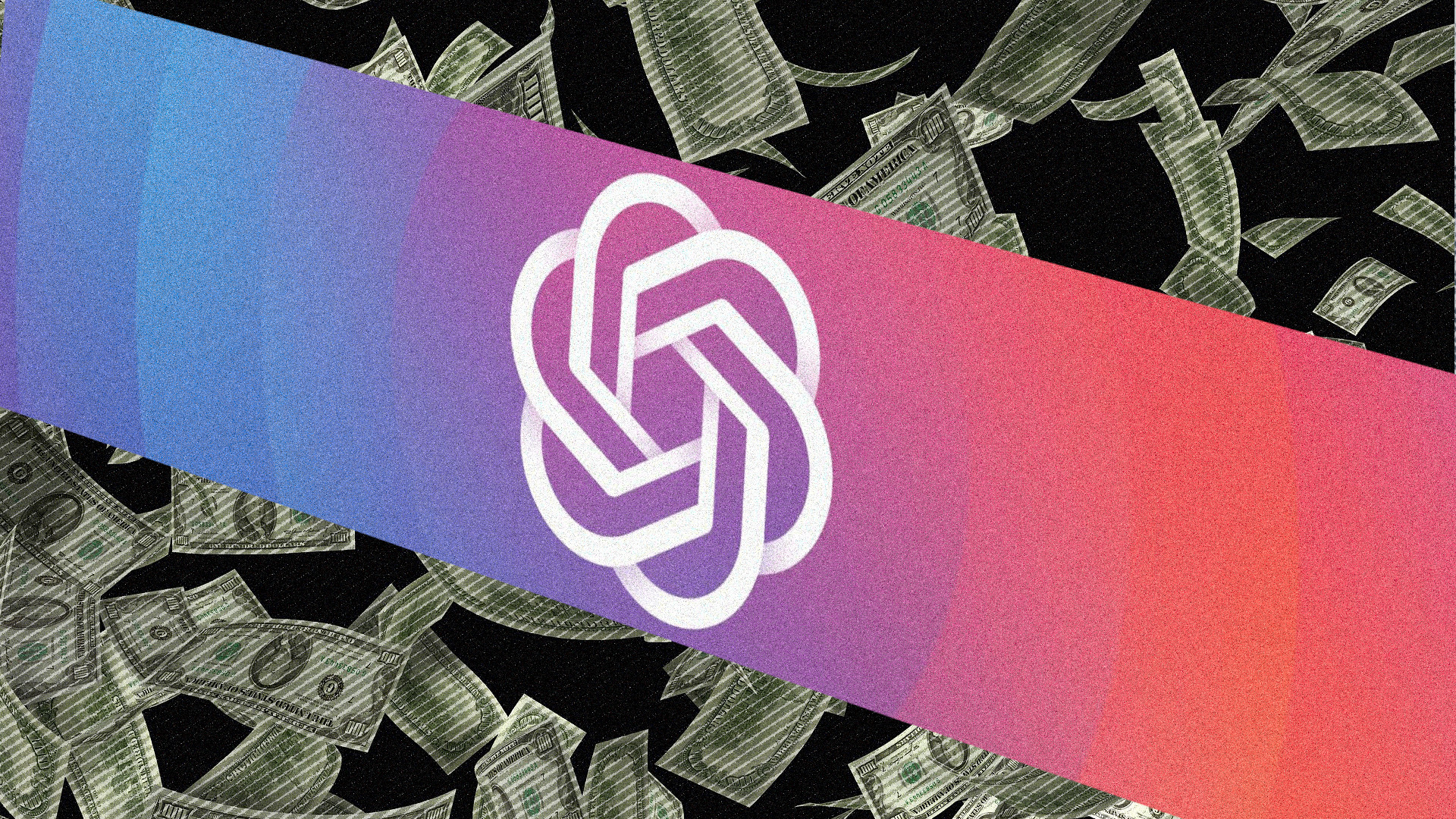 OpenAI-Logo vor einem Hintergrund aus Dollarnoten