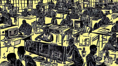 Eine Grafik, die viele Menschen in einem Raum sitzend an Schreibtischen zeigt, auf denen Computer stehen