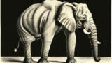 Ein Elefant im Stile einer Lithografie von Käthe Kollwitz steht in einem Raum.