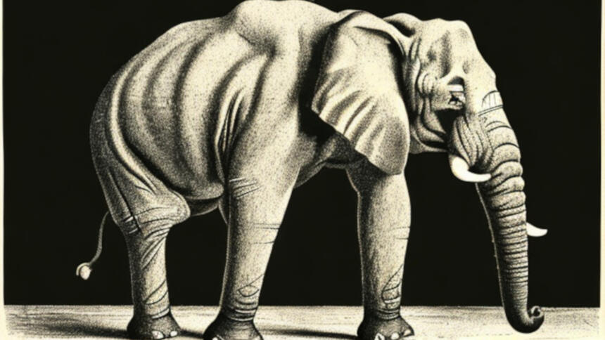 Ein Elefant im Stile einer Lithografie von Käthe Kollwitz steht in einem Raum.