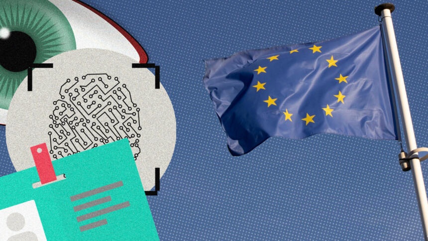 Eine EU-Flagge vor blauem Himmel, ein Auge, ein Fingerabdruck und ein Ausweis-Dokument
