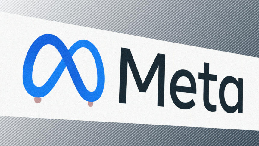 Meta-Logo vor grauem Hintergrund, an den Schlaufen des Logos sind Nippel.