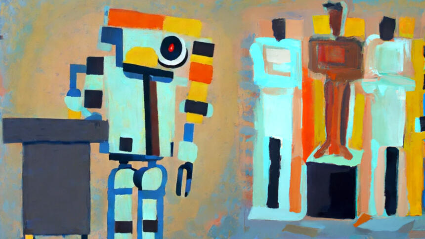 Ein abstraktes Gemälde zeigt links einen Roboter an einem Pult, rechts drei menschliche Gestalten. Ich interpretiere den Roboter als eine Darstellung des Bild-Generators im Zeugenstand; die Menschen als Geschworene eine Jury.