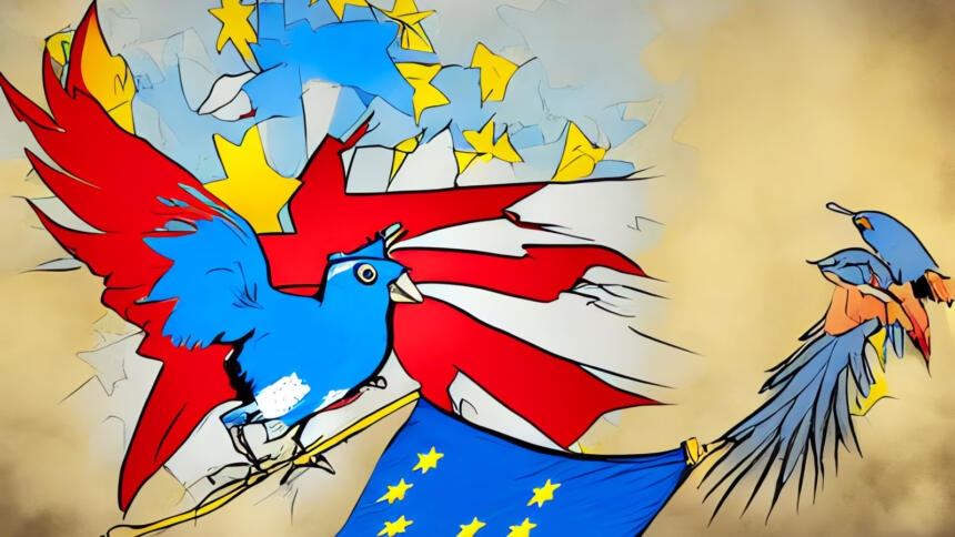 Ein blauer Vogel vor einer EU-Flagge im Stile einer Comic-Zeichnung