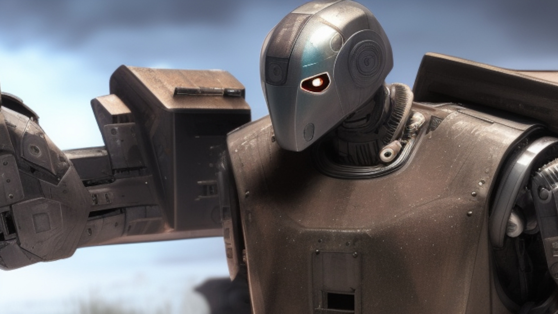 Ein Militärroboter zielt auf ein Objekt.