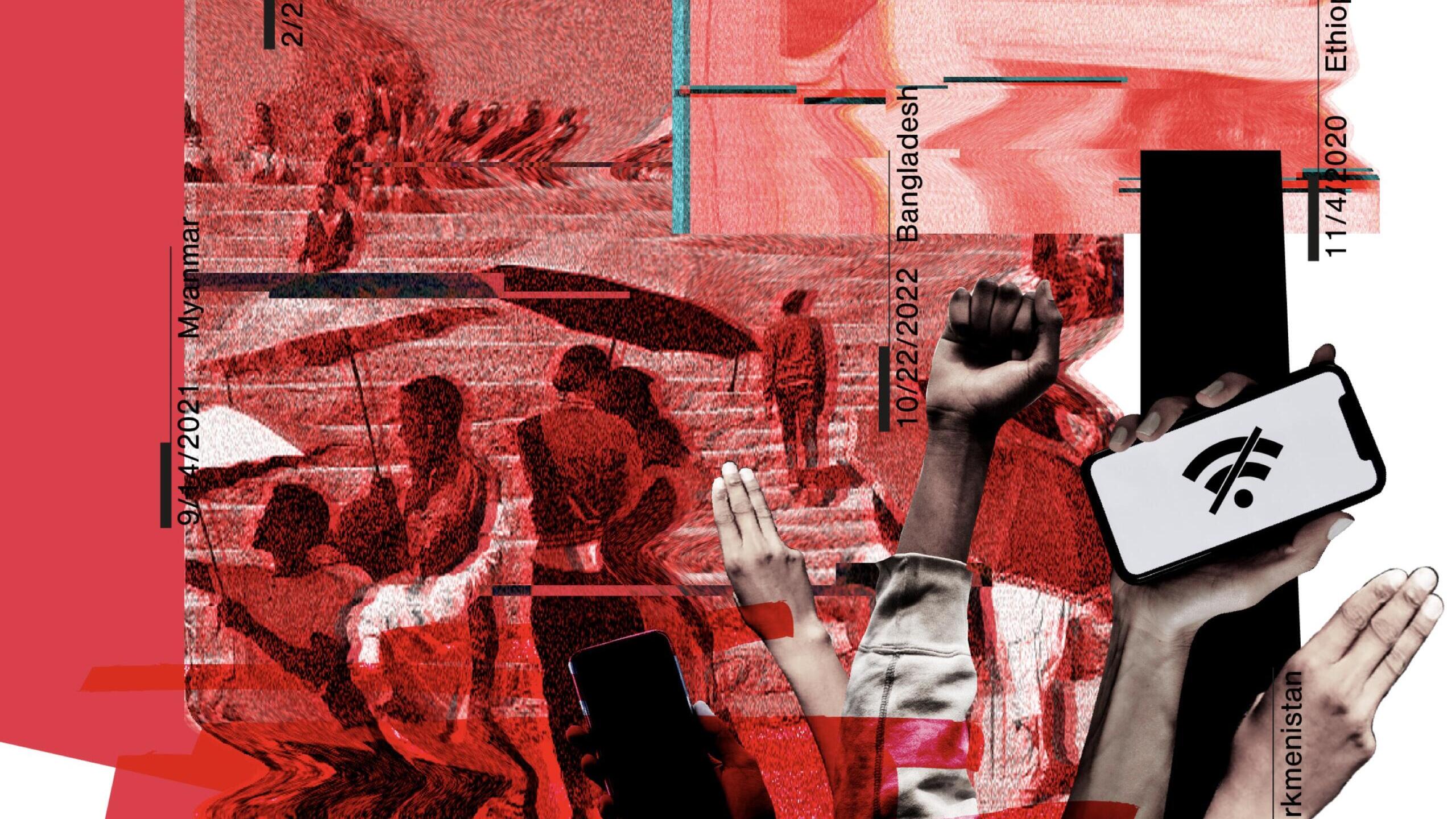 Roter Hintergrund, mehrere Hände, eine Hand hält ein Smartphone mit einem durchgestrichenen WLAN-Symbol