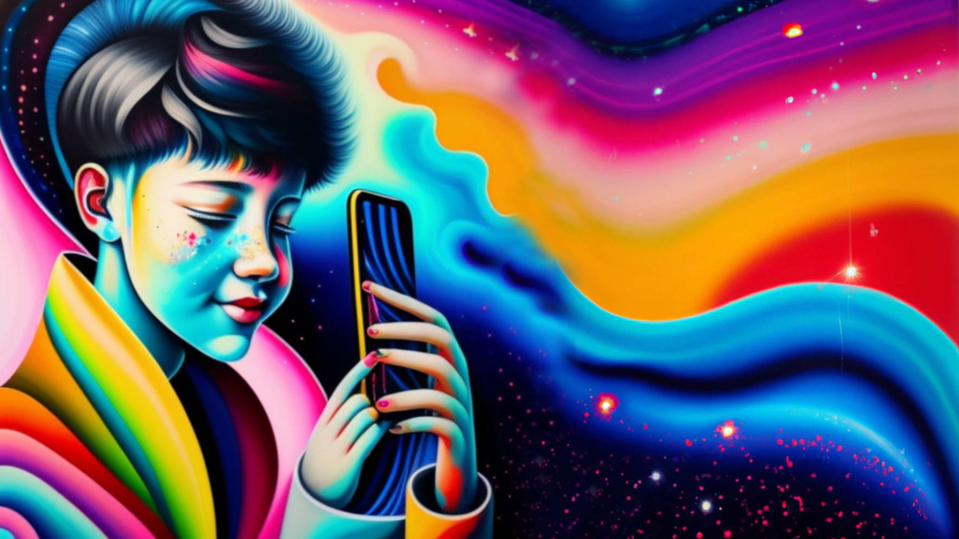 Farbenfrohe, abstrakte Zeichnung einer jungen Person mit Smartphone