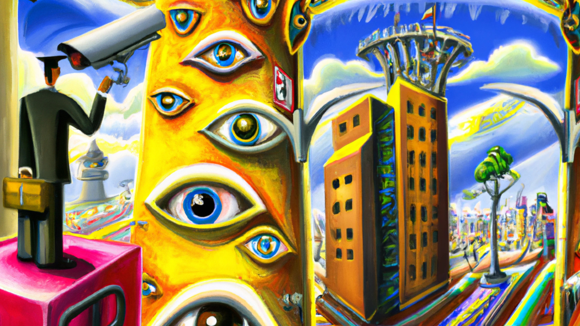 Farbenfrohes Bild einer Stadt mit surrealistischen Stil. Ein Turm mit menschlichen Augen. Ein Mensch mit Aktenkoffer und Anzug vor einer Kamera.