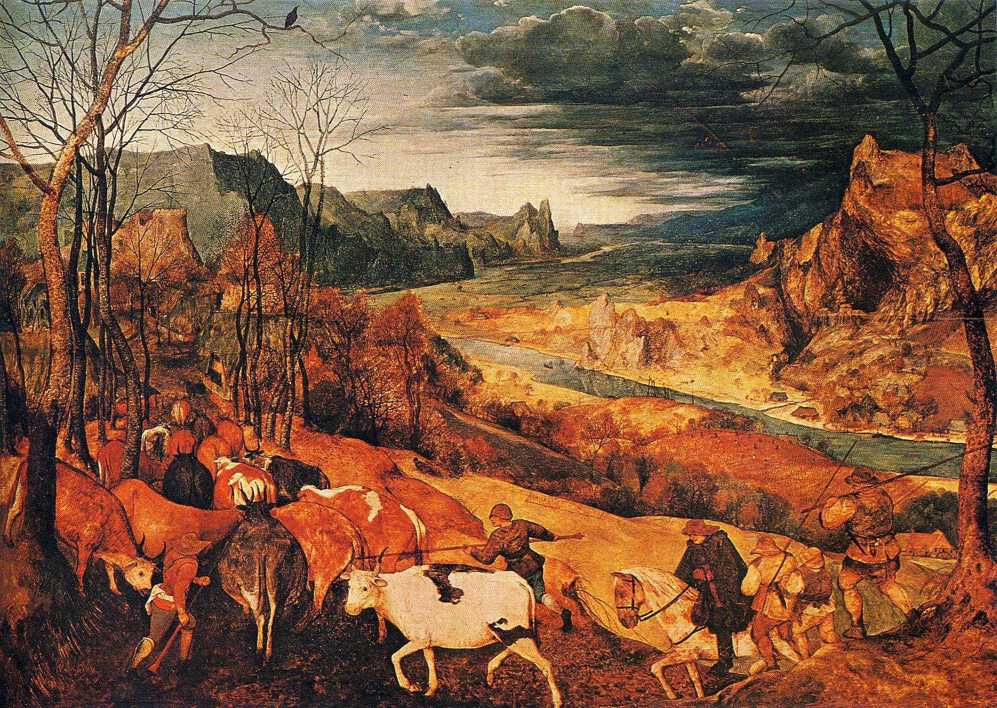 Eine Kuhherde kommt wieder zusammen. Das Gemälde ist von Pieter Bruegel der Ältere