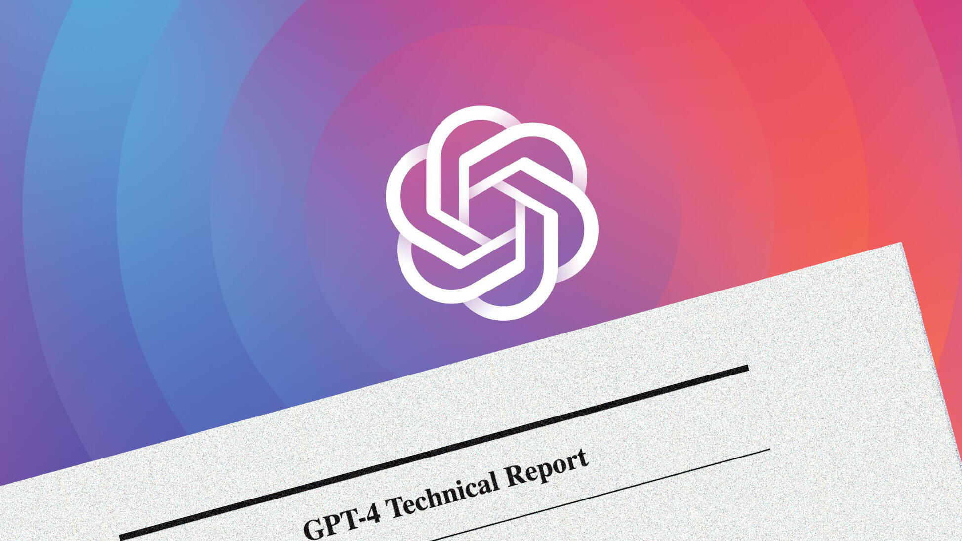 OpenAI Logo in weiß, darunter ein Blatt mit dem Titel GPT-4 Technical Report