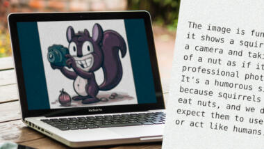 Auf der rechten Seite ist ein Macbook, auf dessen Display das Comic-Bild eines Eichhörnchens ist. Es hält einen Fotoapparat in der Hand und fotografiert eine Nuss. Auf der linken Seite ist ein englischsprachiger Text, der von GPT-4 erstellt wurde. Er erklärt, dass das Bild lustig ist, weil Eichhörnchen Nüsse normalerweise essen - und nicht fotografieren.