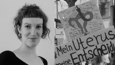 Links: Nina Schernus, Rechts: Demoschild "Mein Uterus, meine Entscheidung"