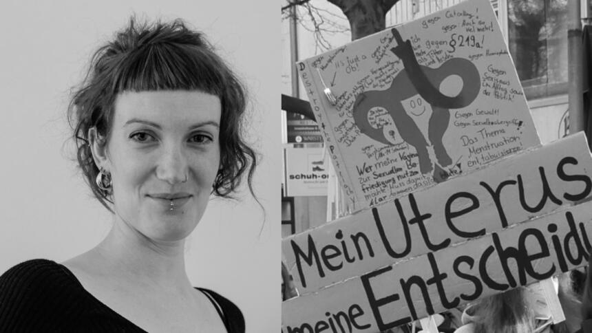 Links: Nina Schernus, Rechts: Demoschild "Mein Uterus, meine Entscheidung"