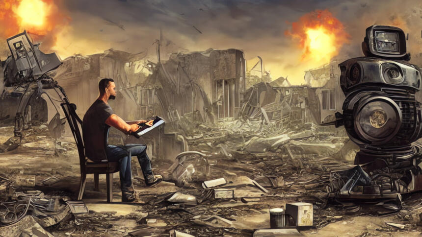 Ein Mann sitzt inmitten von Ruinen, umzingelt von Kriegsrobotern