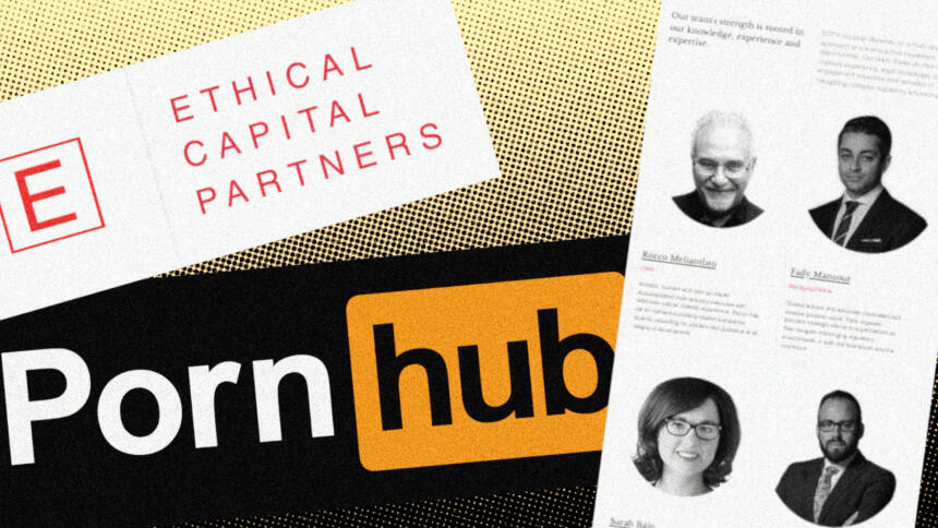 Screenshots zeigen das Logo von Pornhub und von Ethical Capital Partners. Ein weiterer Screenshot zeigt die führenden Köpfe des neuen Pornhub-Eigentümers.