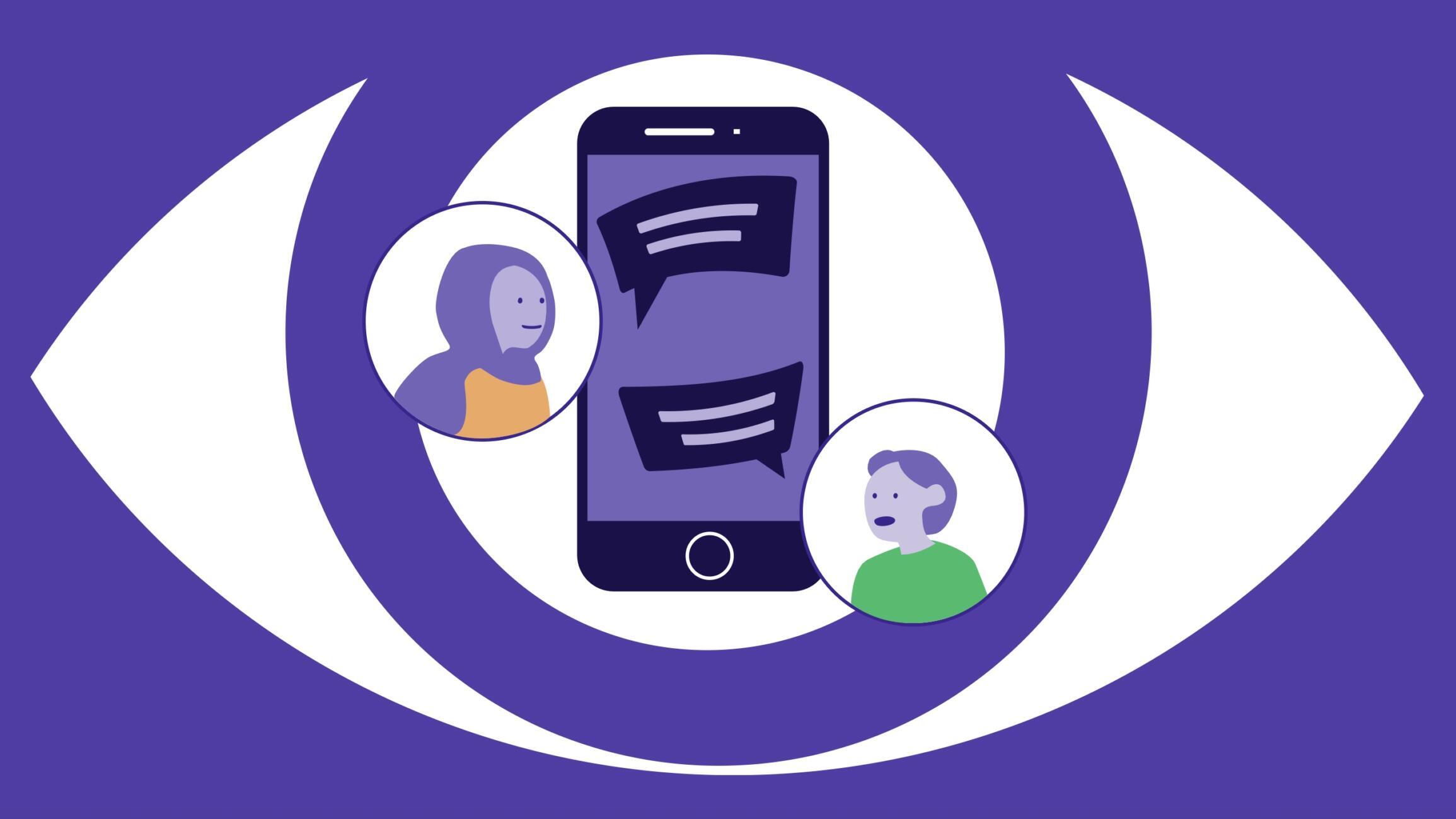 Logo mit einem Auge und einem Handy in der Mitte, das einen Chat zeigt