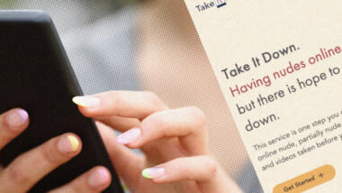 Eine Hand hält ein Smartphone; ein Screenshot des Dienstes "Take It Down"