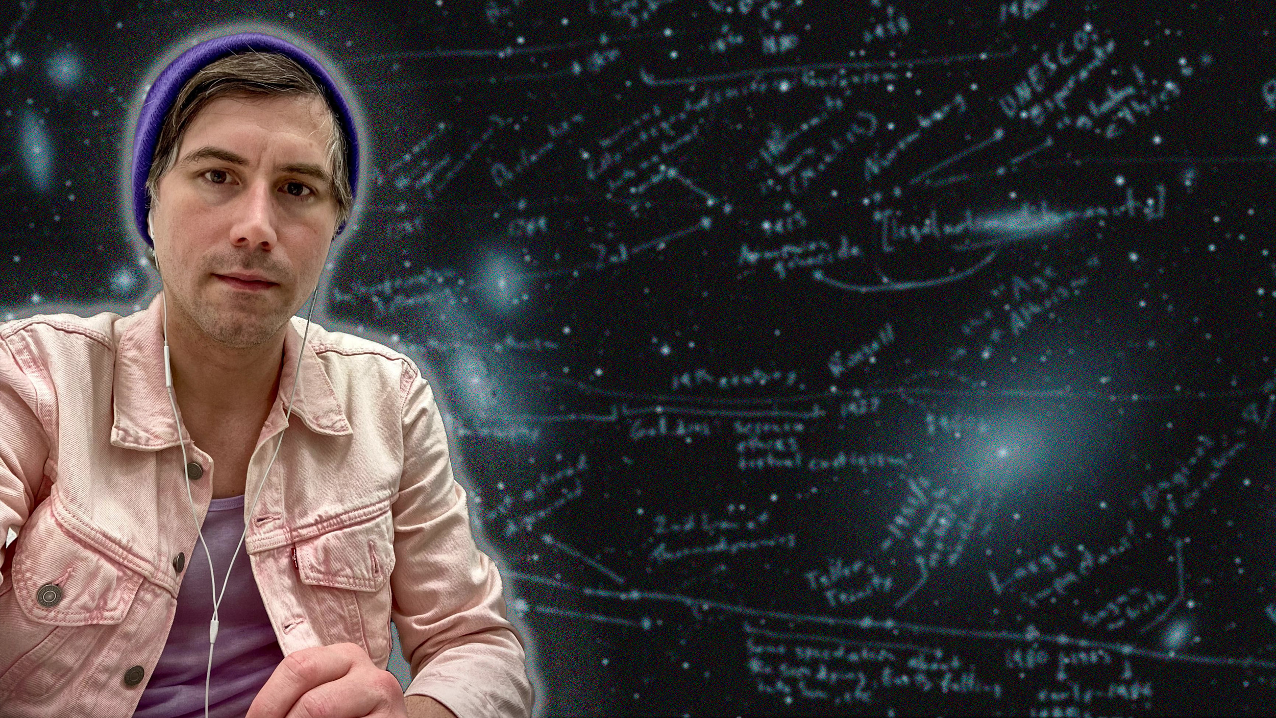 Émile P. Torres, in the background a picture of the Virgo Supercluster