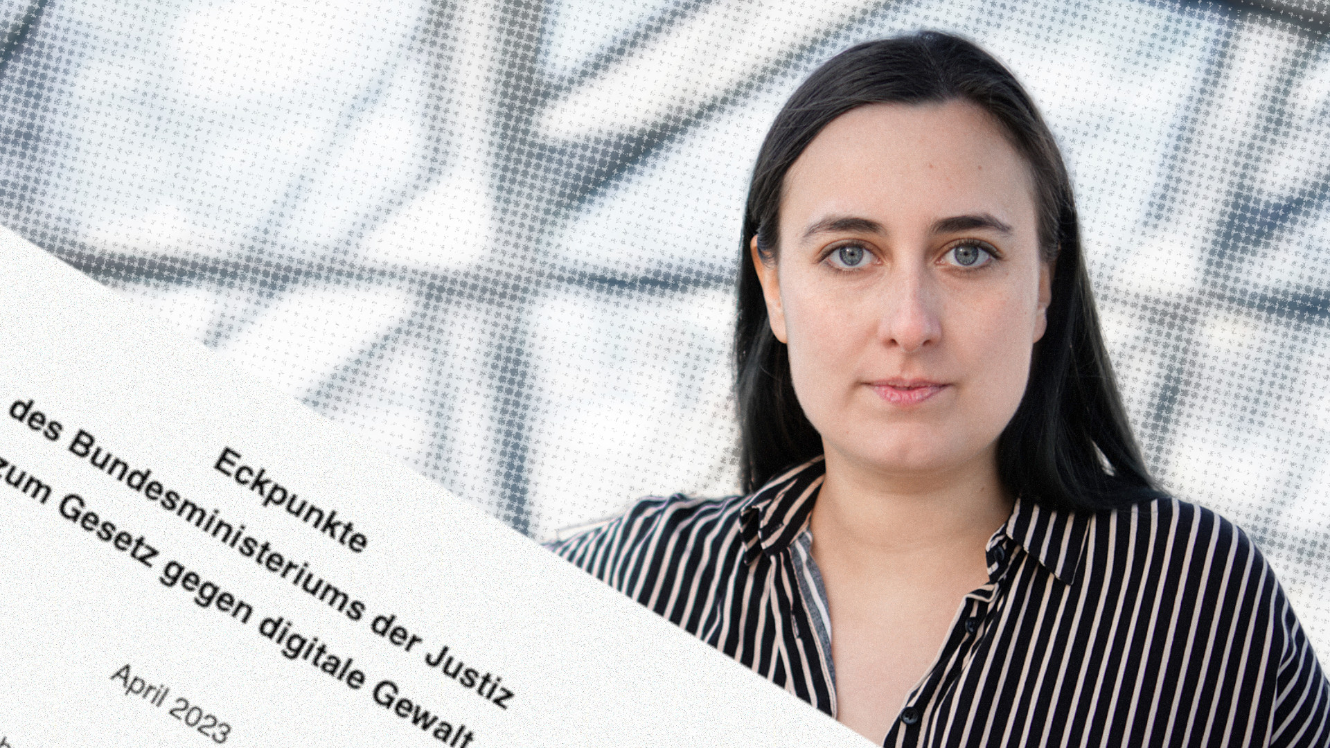 Person mit langen dunklen Haaren in gestreiftem Hemd steht vor einer Glasfront; Screenshot aus dem Eckpunktepapier des Justizministeriums