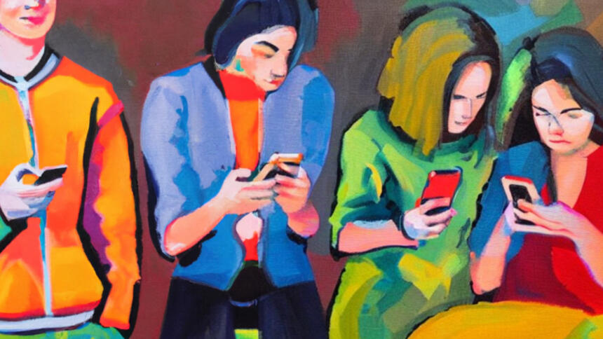Abstraktes Gemälde, Teenager*innen am Smartphone