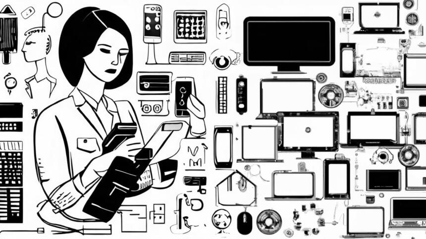 Schwarz-Weiß-Illustration einer weiblichen Person, umgeben von Bildschirmen und Gadgets