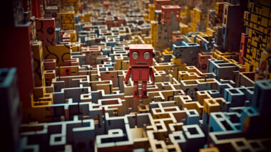 Ein großer Spielzeugroboter irrt durch ein Labyrinth