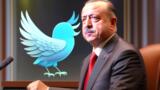 Im Vordergrund sieht man Recep Tayyip Erdoğan, wie er an einem Tisch sitzt. Im Hintergrund ist ein Twitter-Vogel zu sehen.