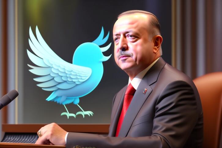 Im Vordergrund sieht man Recep Tayyip Erdoğan, wie er an einem Tisch sitzt. Im Hintergrund ist ein Twitter-Vogel zu sehen.
