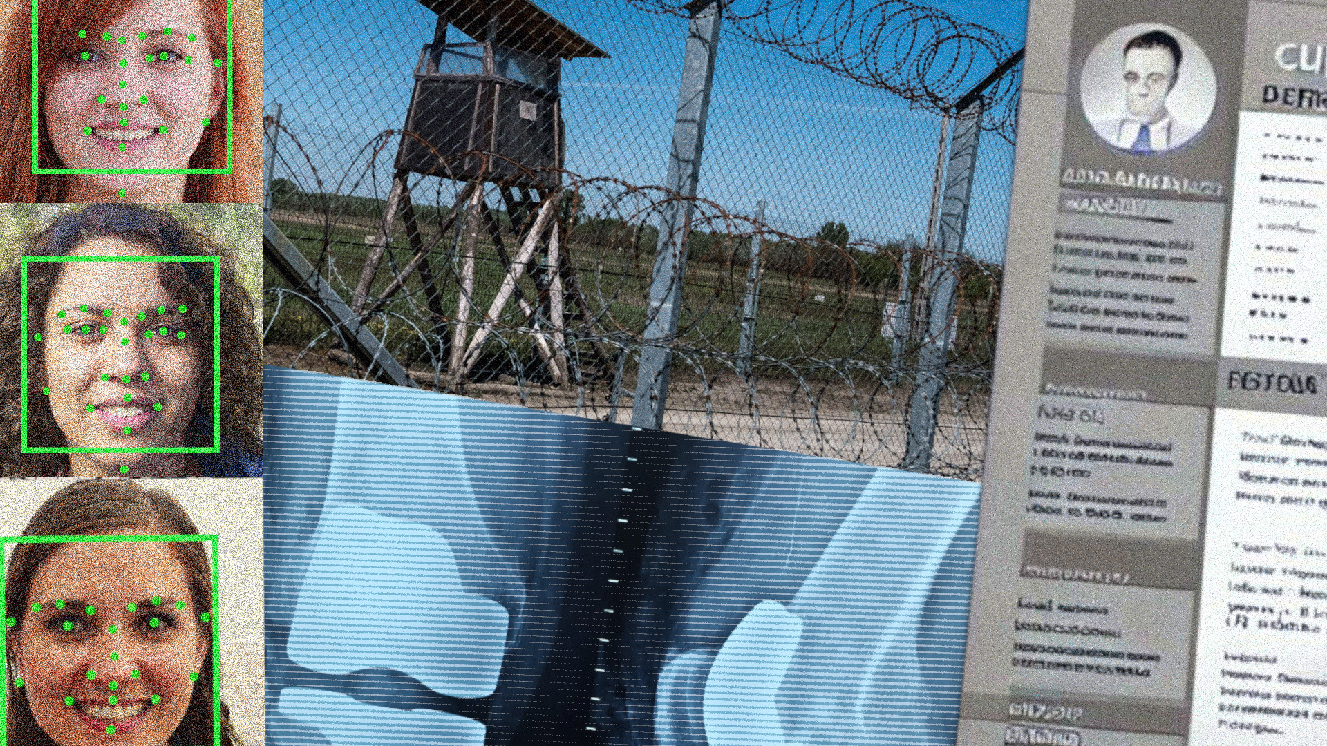 Eine Montage aus mehreren Bildern. Links Gesichter mit farblich hervorgehobenen biometrischen Merkmalen. In der Mitte oben ein Grenzzaun mit Wachturm. In der Mitte unten die Röntgen-Aufnahme eines Knies. Rechts die Darstellung eines Lebenslaufs. Die Collage stellt somit verschiedene Bereiche dar, die vom AI Act betroffen sind.