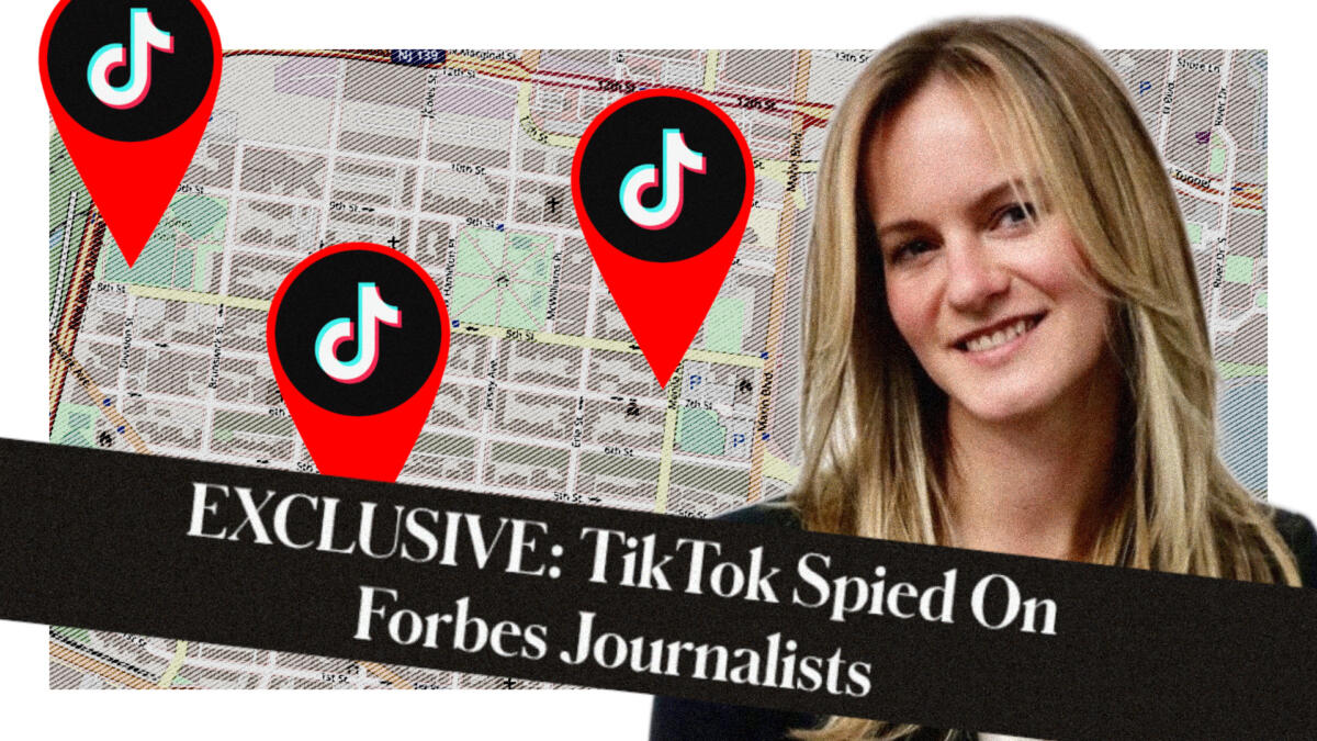 Photo of journalist Emily Baker-White. Screenshot of a map of New Jersey. Pins with the TikTok logo. Lettering of the Forbes article reporting on TikTok surveillance.