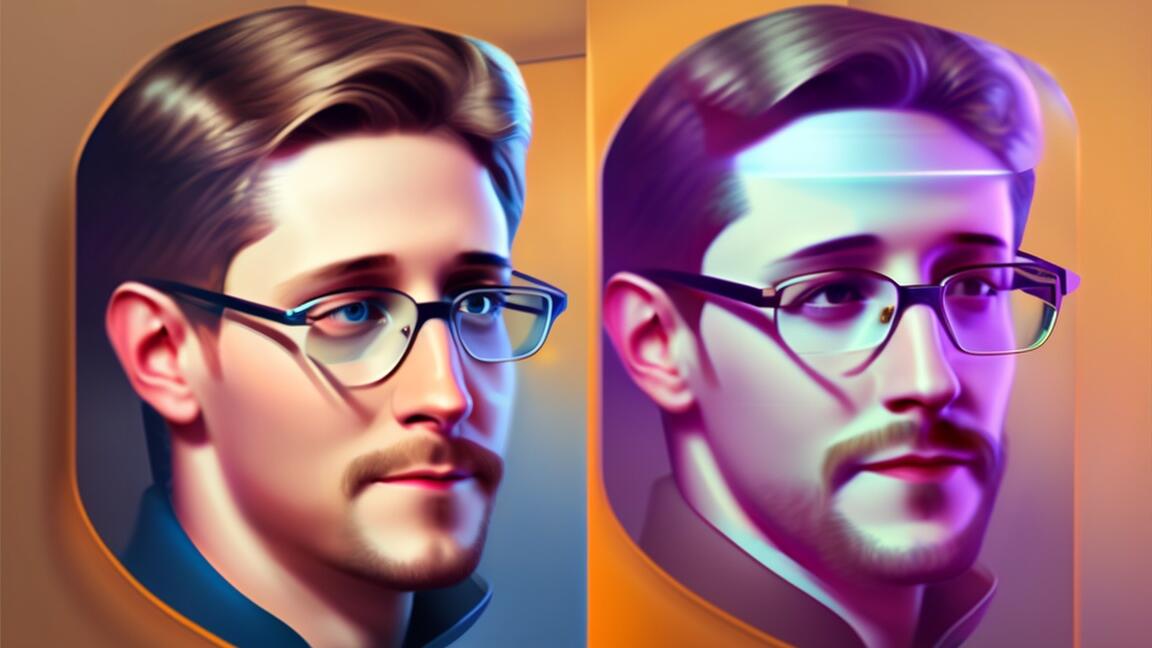 Illustration von Edward Snowden, links realistisch, rechts verzerrt.