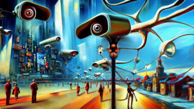 Ein mit DALL-E-2 generiertes Gemälde zeigt eine futuristische Stadt mit vernetzten Kameras. Viele Leute sind auf einer Straße unterwegs.
