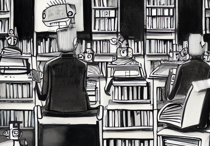 KI-generiertes Bild: Menschen sitzen vor Buechern