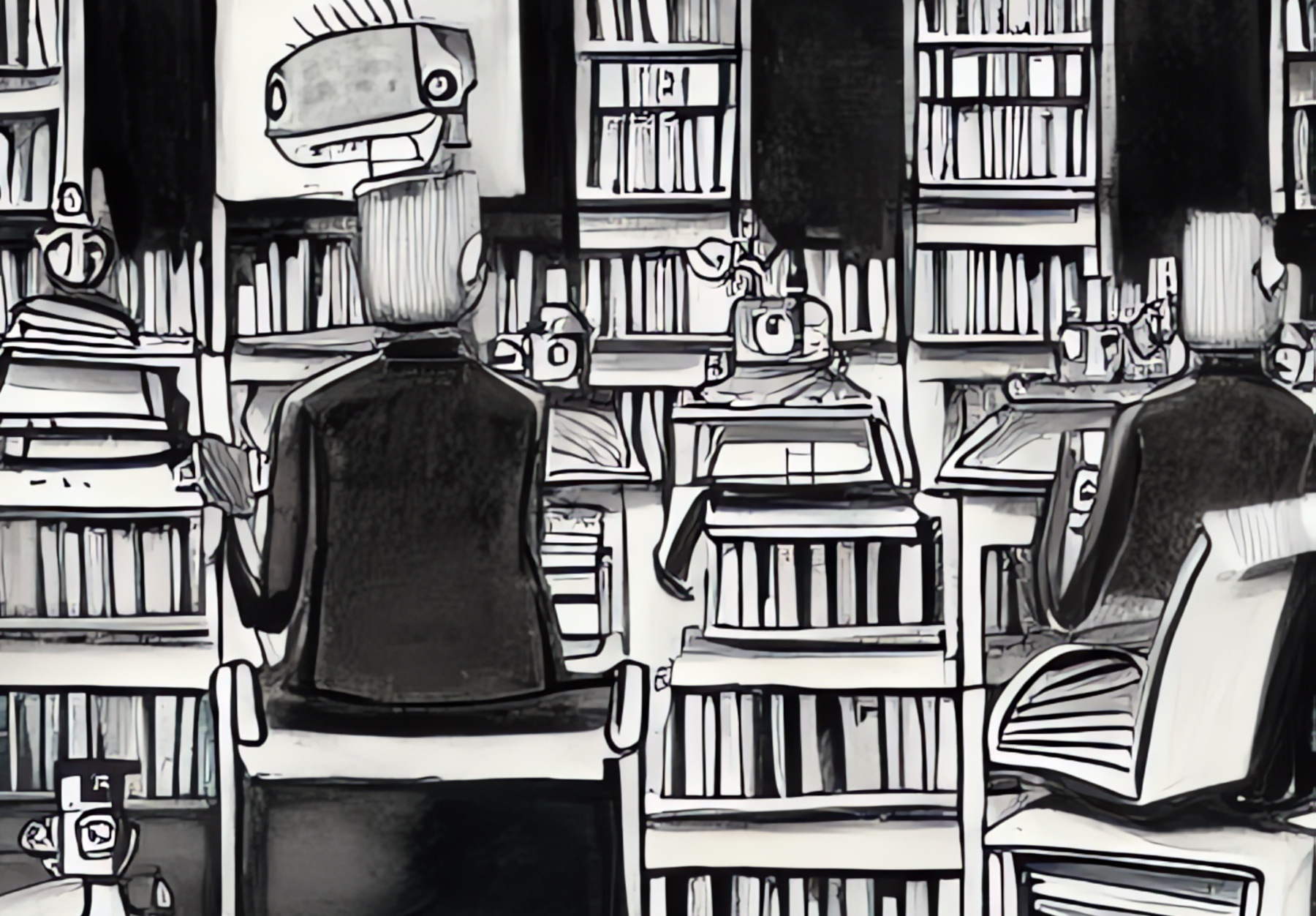 KI-generiertes Bild: Menschen sitzen vor Buechern