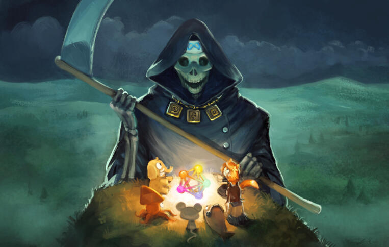 Bedrohlicher Sensenmann mit Meta-Logo steht vor einem Lagerfeuer, um das kleine Fediverse-Figuren sitzen.