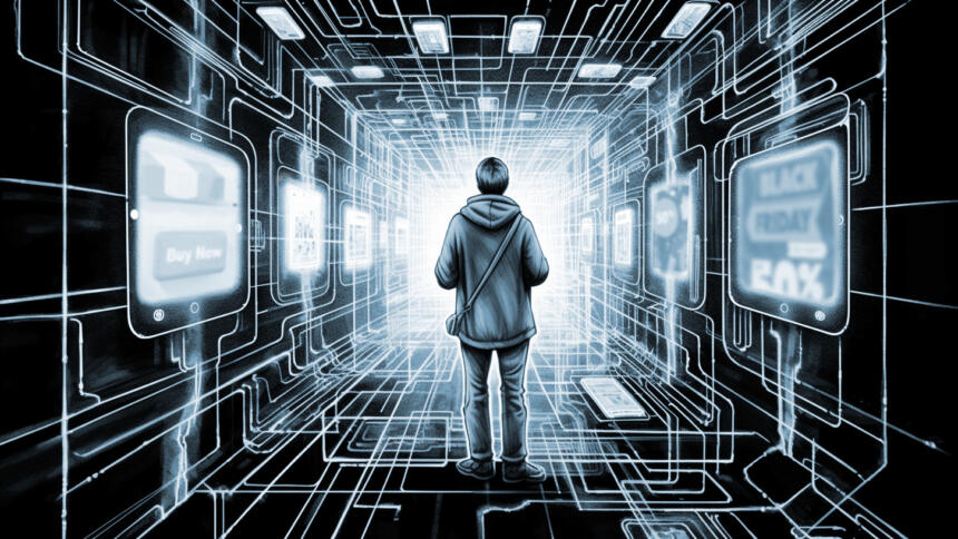 Eine computergenerierte Grafik eines jungen Menschen in Rückansicht, in einem dunkel Raum voller digitaler Spuren und Geräte