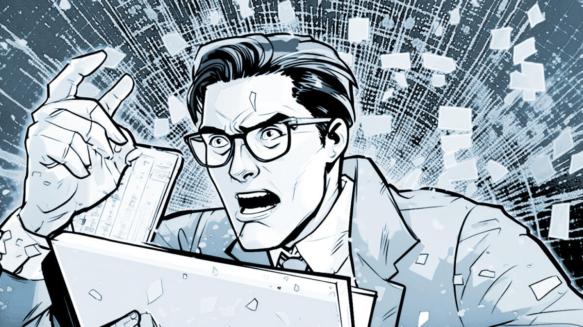 Eine computergenerierte Grafik eines Mannes mit Brille, der wütend auf seinen LAptop schaut, um ihn umher fliegen kleine Zettel