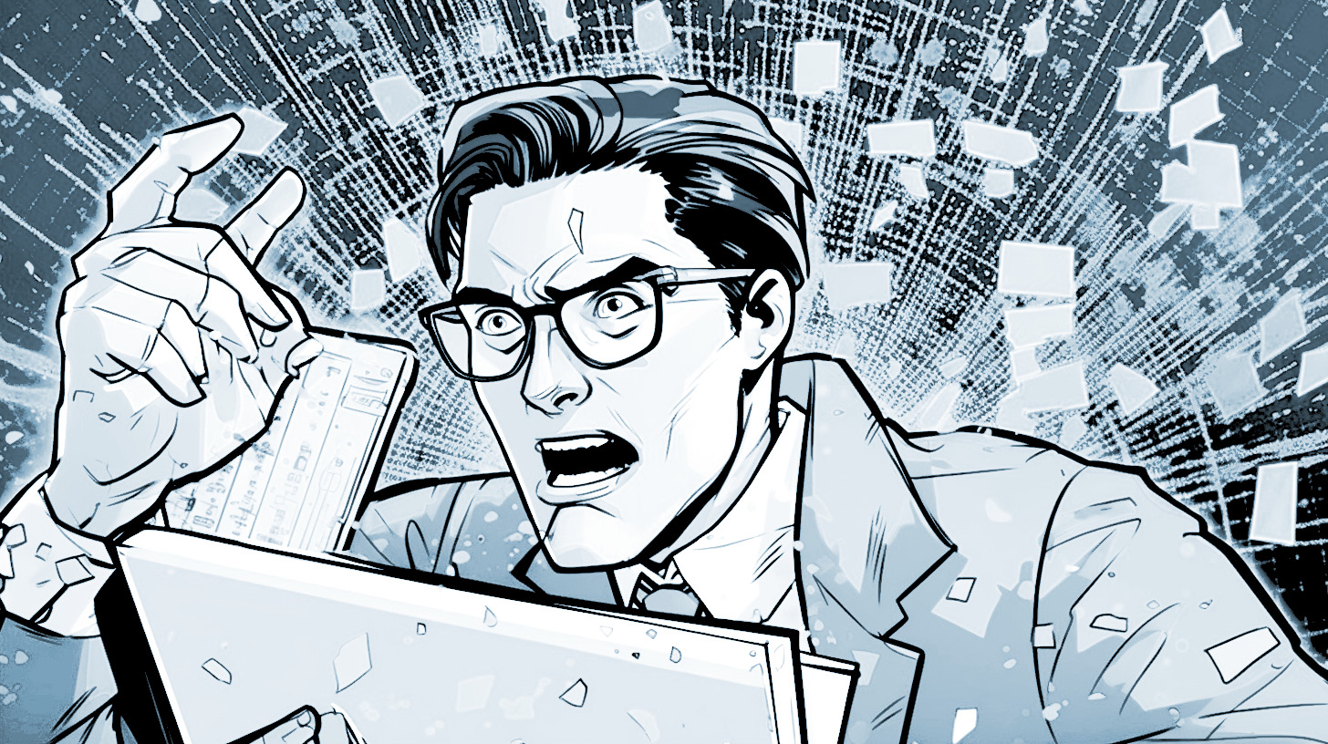 Eine computergenerierte Grafik eines Mannes mit Brille, der wütend auf seinen LAptop schaut, um ihn umher fliegen kleine Zettel