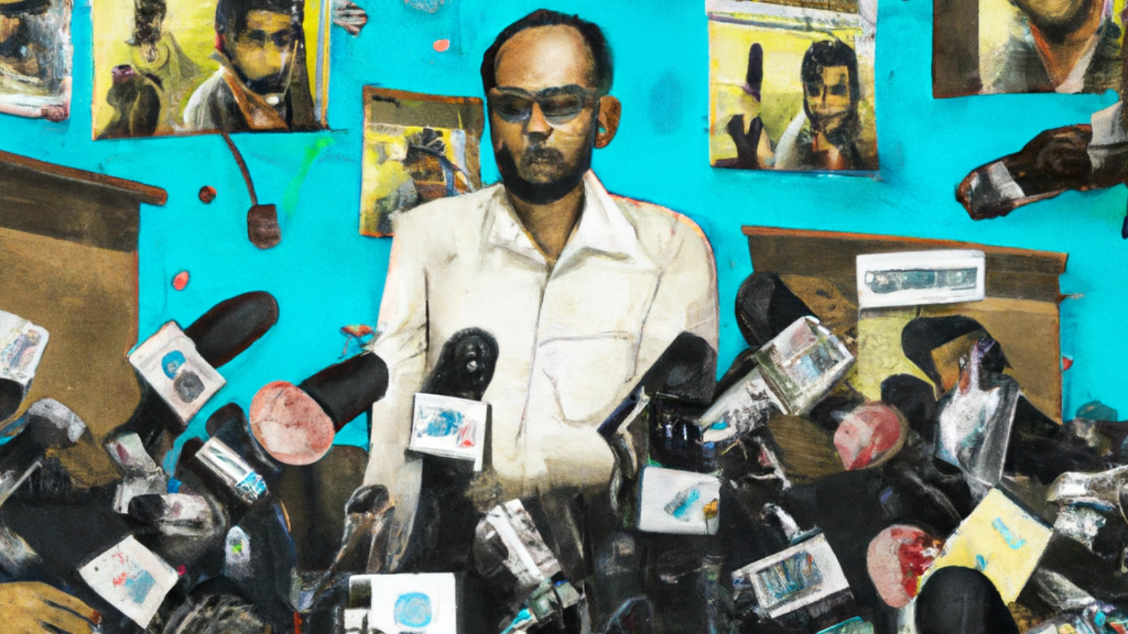 Surrealistisches Bild eines Reporters in einem Raum voller Kameras